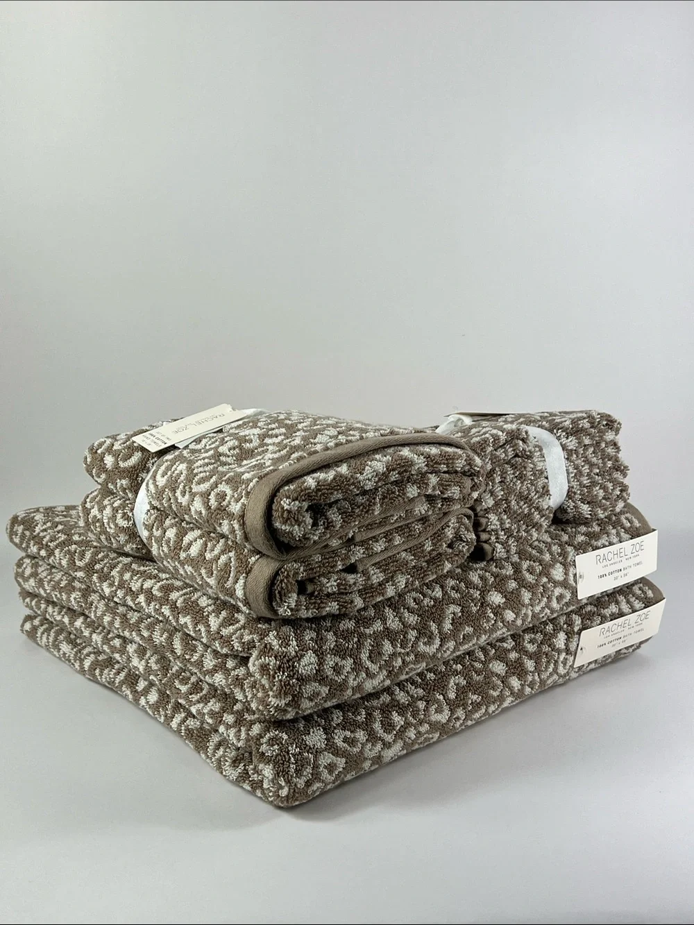 Rachel Zoe Bath Towels Tan Cream Leopard Animal Print 100% Cotton 8 Pc NEW